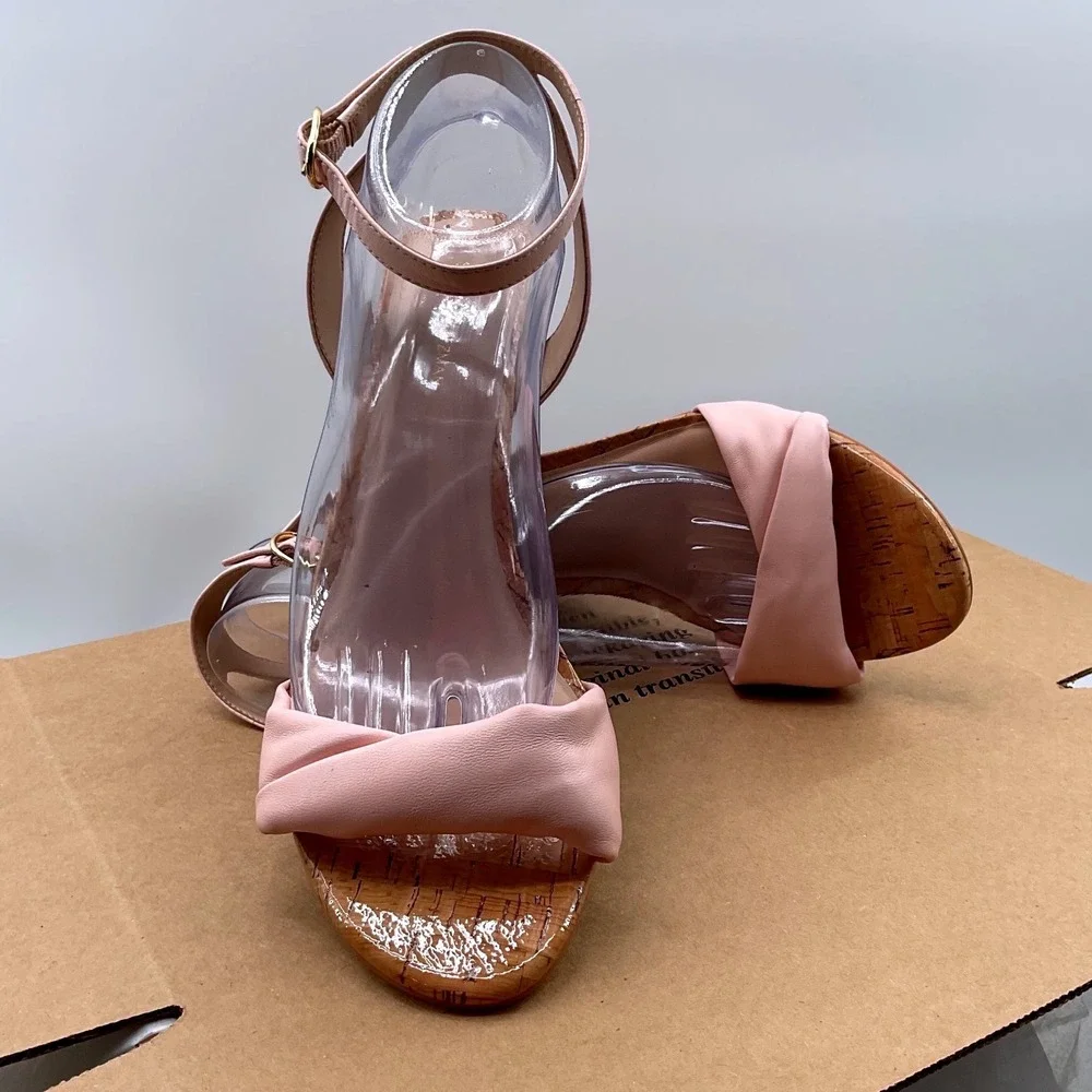 Stuart Weitzman Blush Pink Leather Cork Wedge Sandals Ankle Strap Womens 9.5 B - Picture 3 of 13